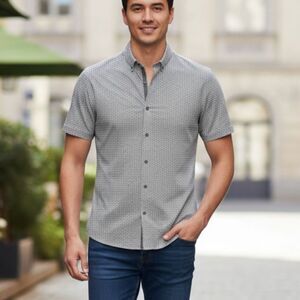 👔 DKNY Men's NWT Short Sleeve Button Down Shirt Stretch Grey Geometric Small